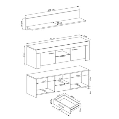 Zestaw RTV z półką 155x50+155x20 w stylu nowoczesnym | Gorky