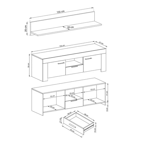 Zestaw RTV z półką 155x50+155x20 w stylu nowoczesnym - dąb riviera, otwory na kable | Gorky
