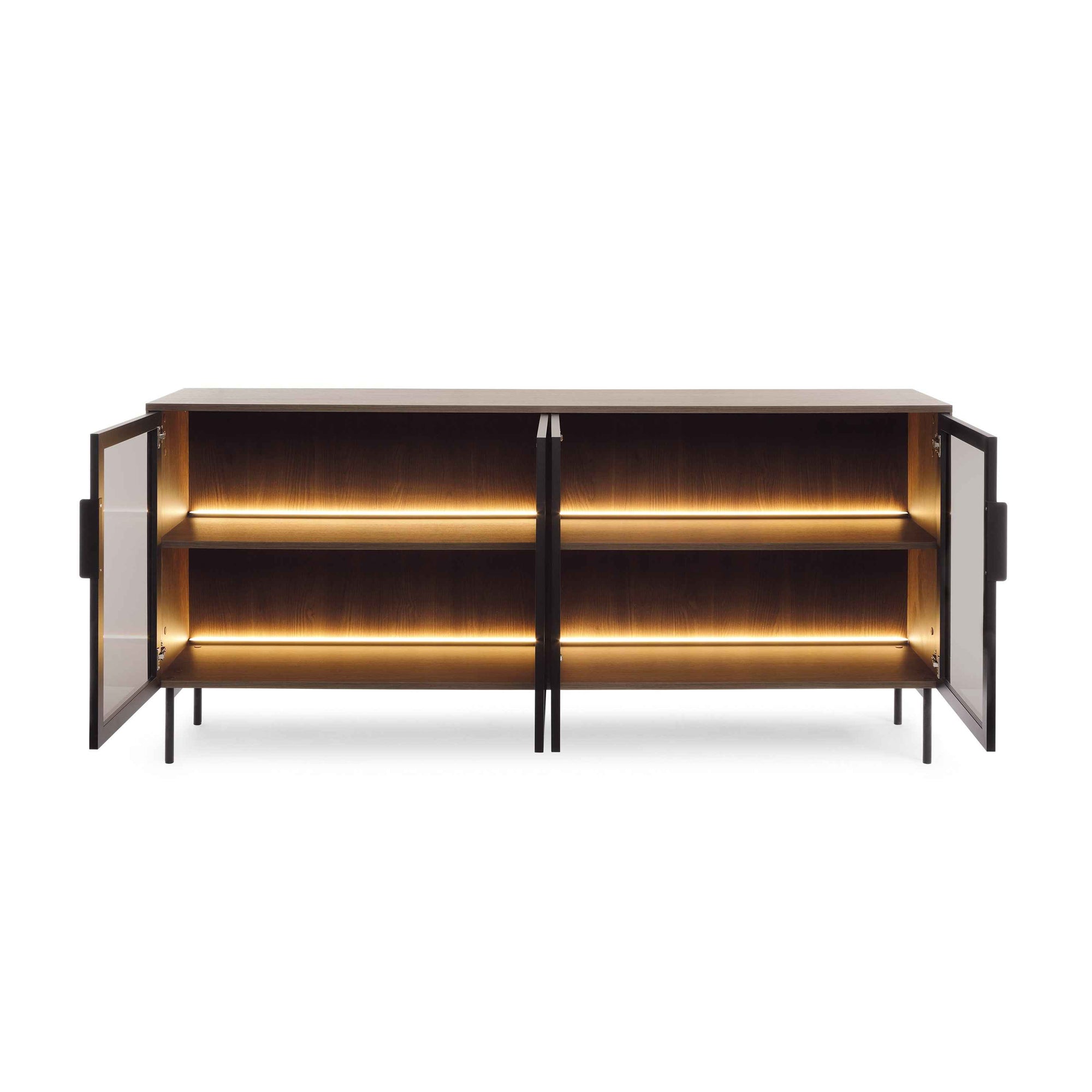 Komoda 181x83 z drzwiami w stylu eleganckim - przeszklone fronty flutes, metalowe nogi, LED | Lummer
