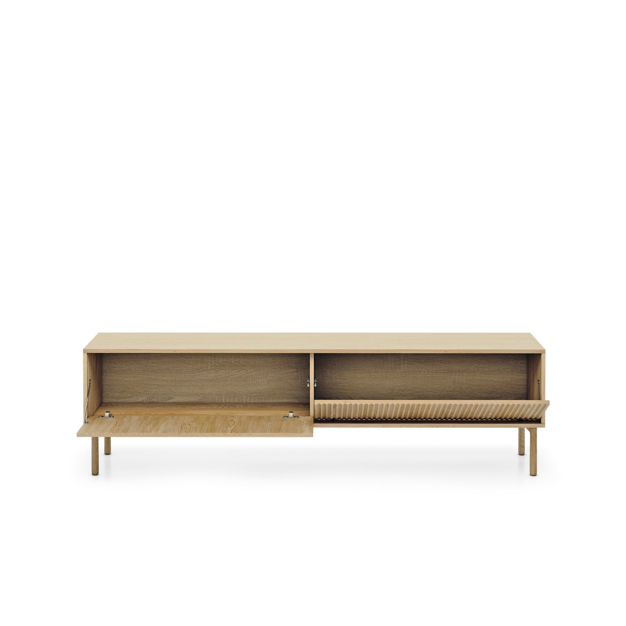 Szafka RTV 187x52 w stylu japandi - dąb cremona, ryflowane fronty MDF, push-to-open | Viola