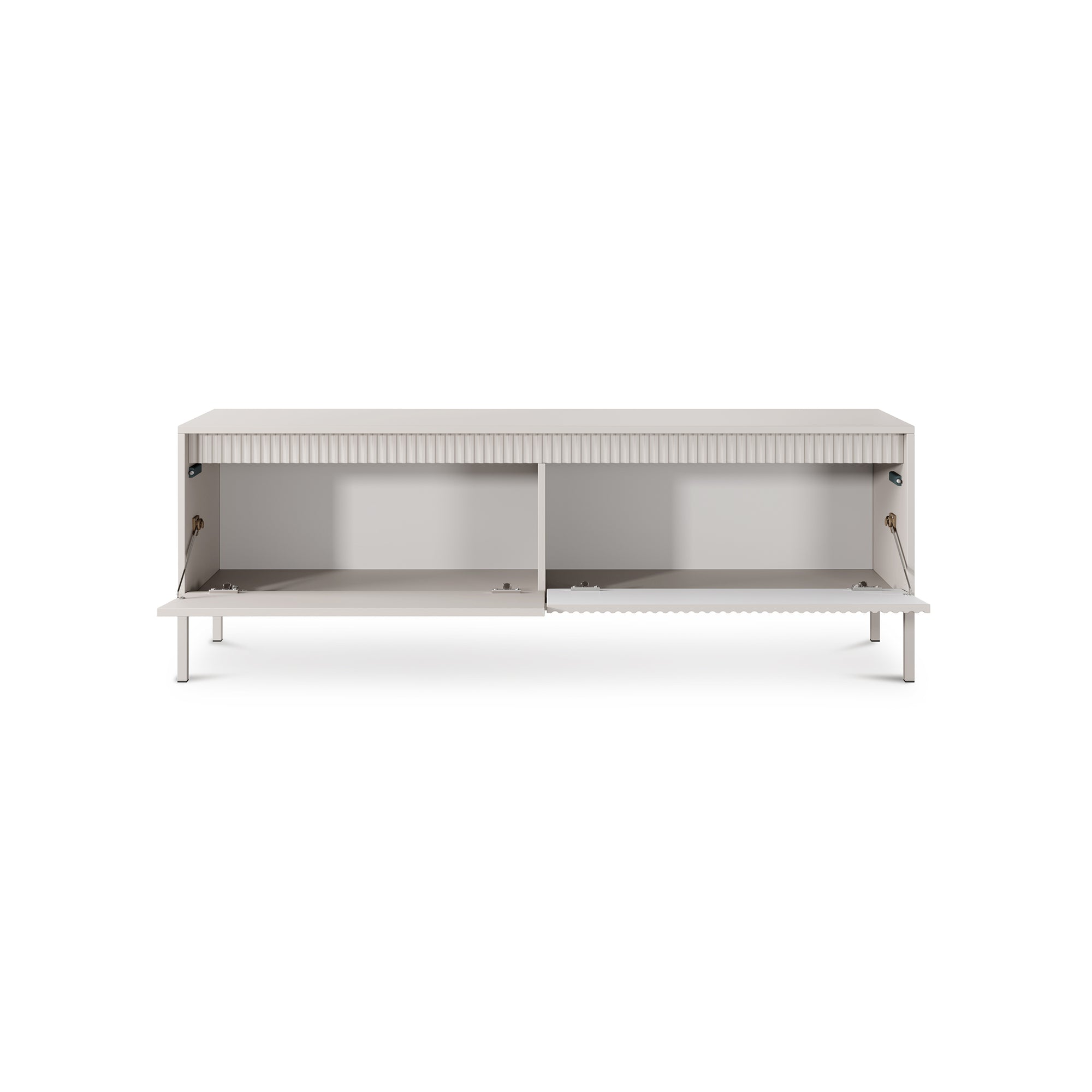 Szafka RTV 154x53 w stylu japandi - beż, ryflowane fronty MDF, metalowe nogi, push-to-open | Senra