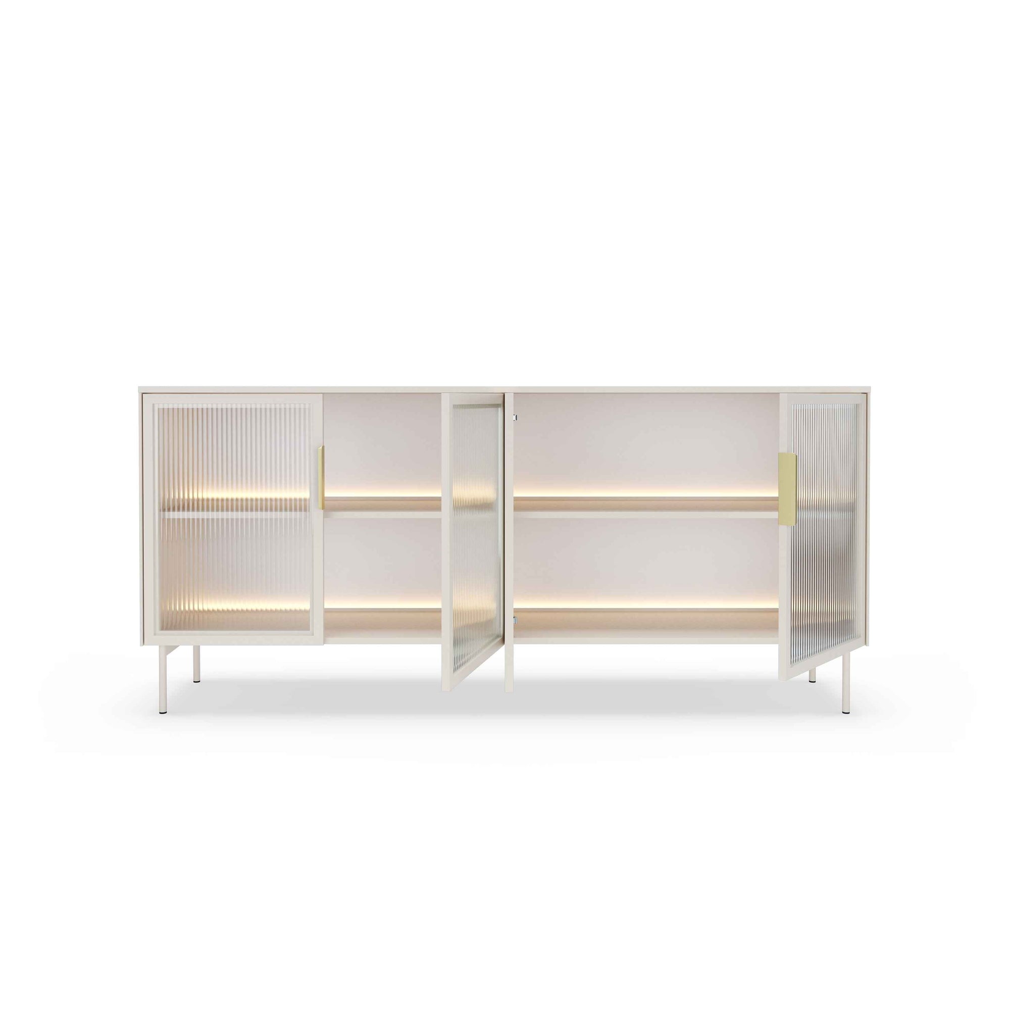 Komoda 181x83 z drzwiami w stylu eleganckim - przeszklone fronty flutes, metalowe nogi, LED | Lummer