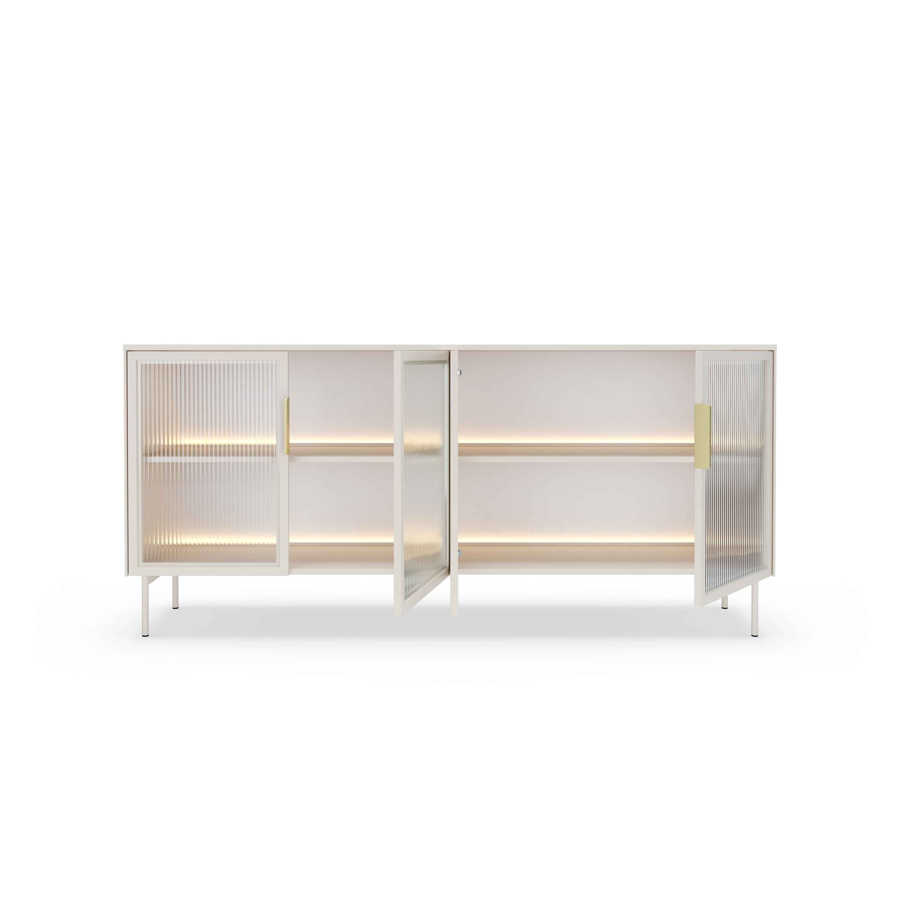 Komoda 181x83 z drzwiami w stylu eleganckim - przeszklone fronty flutes, metalowe nogi, LED | Lummer