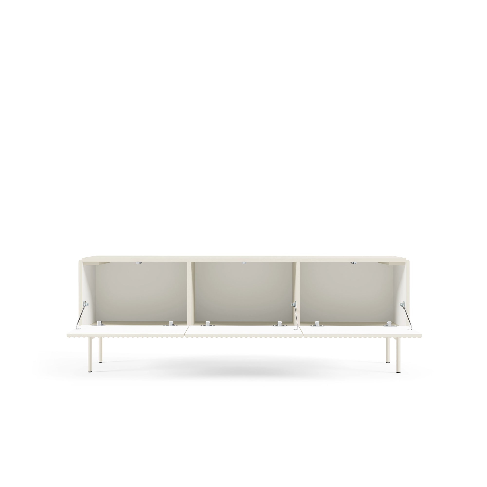 Szafka RTV 147x51 w stylu nowoczesnym - kaszmir, ryflowane fronty MDF, system push-to-open | MuzZI
