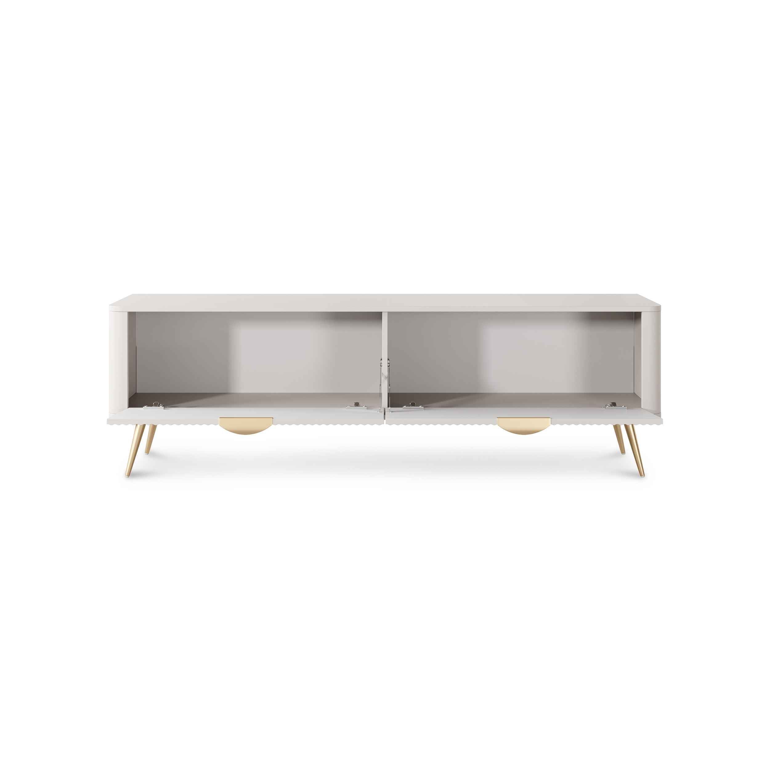 Szafka RTV 163x51 w stylu nowoczesnym - ryflowane fronty MDF, metalowe nogi, dwie szuflady | Laanti