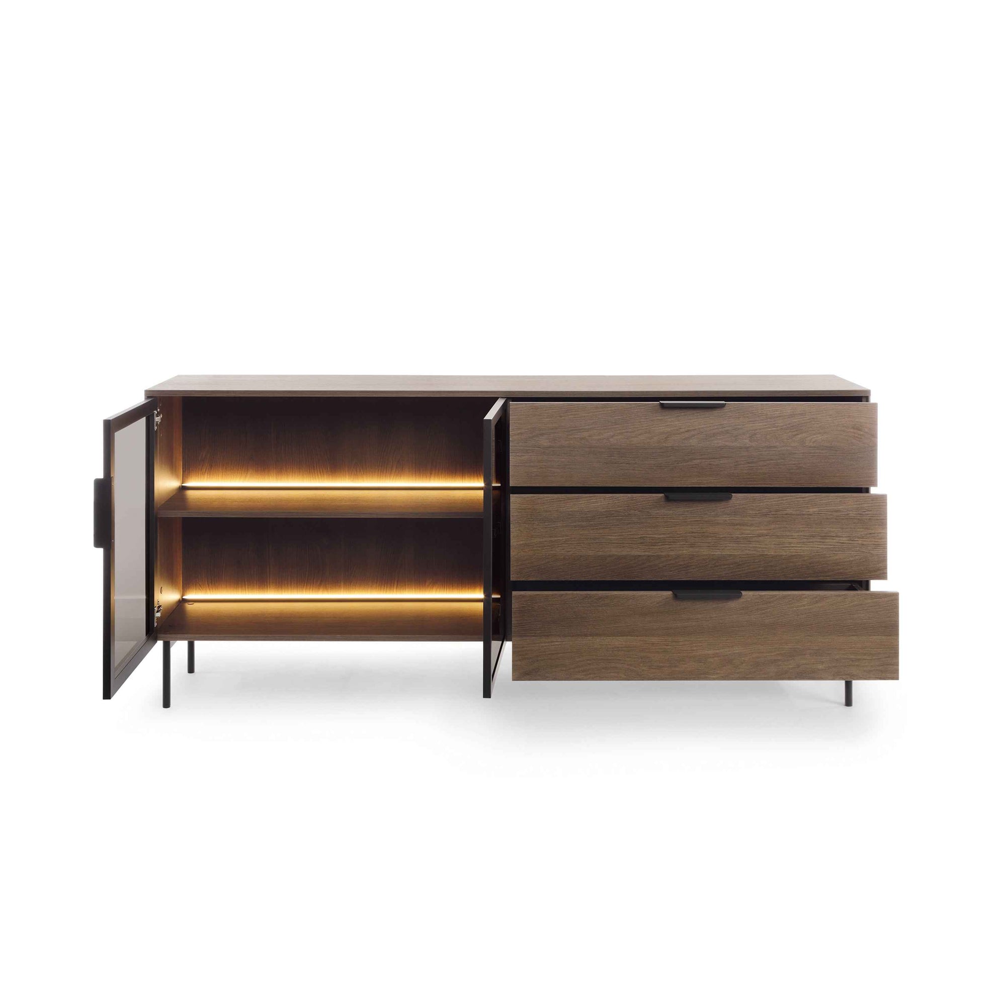Komoda z drzwiami i szufladami 181x83 w stylu nowoczesnym - szkło hartowane, LED, 3 szuflady | Lummer