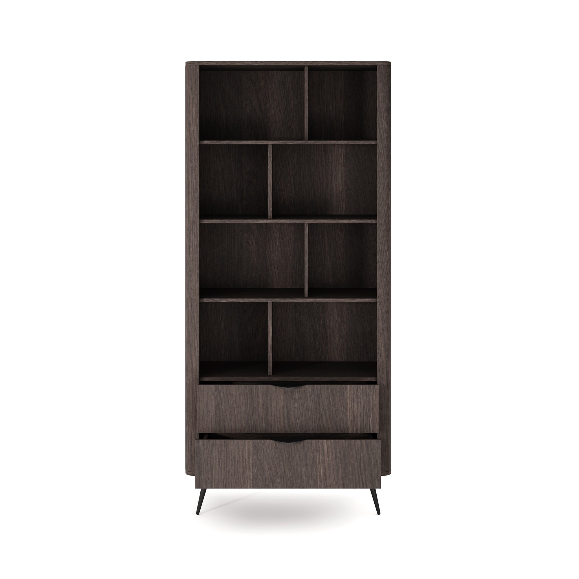 Regał 88x194 z otwartymi półkami i szufladami w stylu soft loft - dąb dunin, czarne uchwyty, ryflowany detal | Velia
