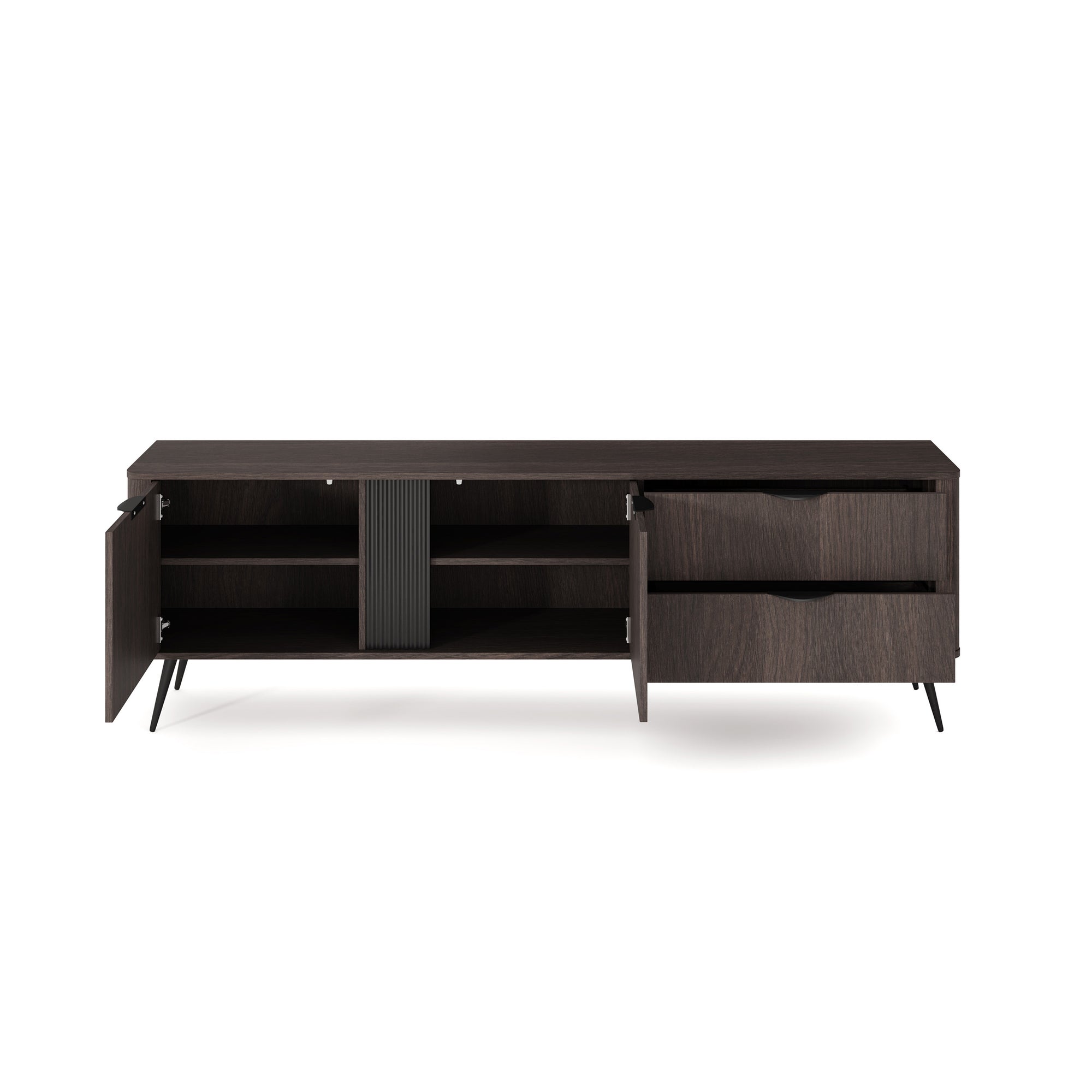 Szafka RTV 195x61 w stylu japandi - dąb dunin, ryflowany front, drewniane nogi | Velia