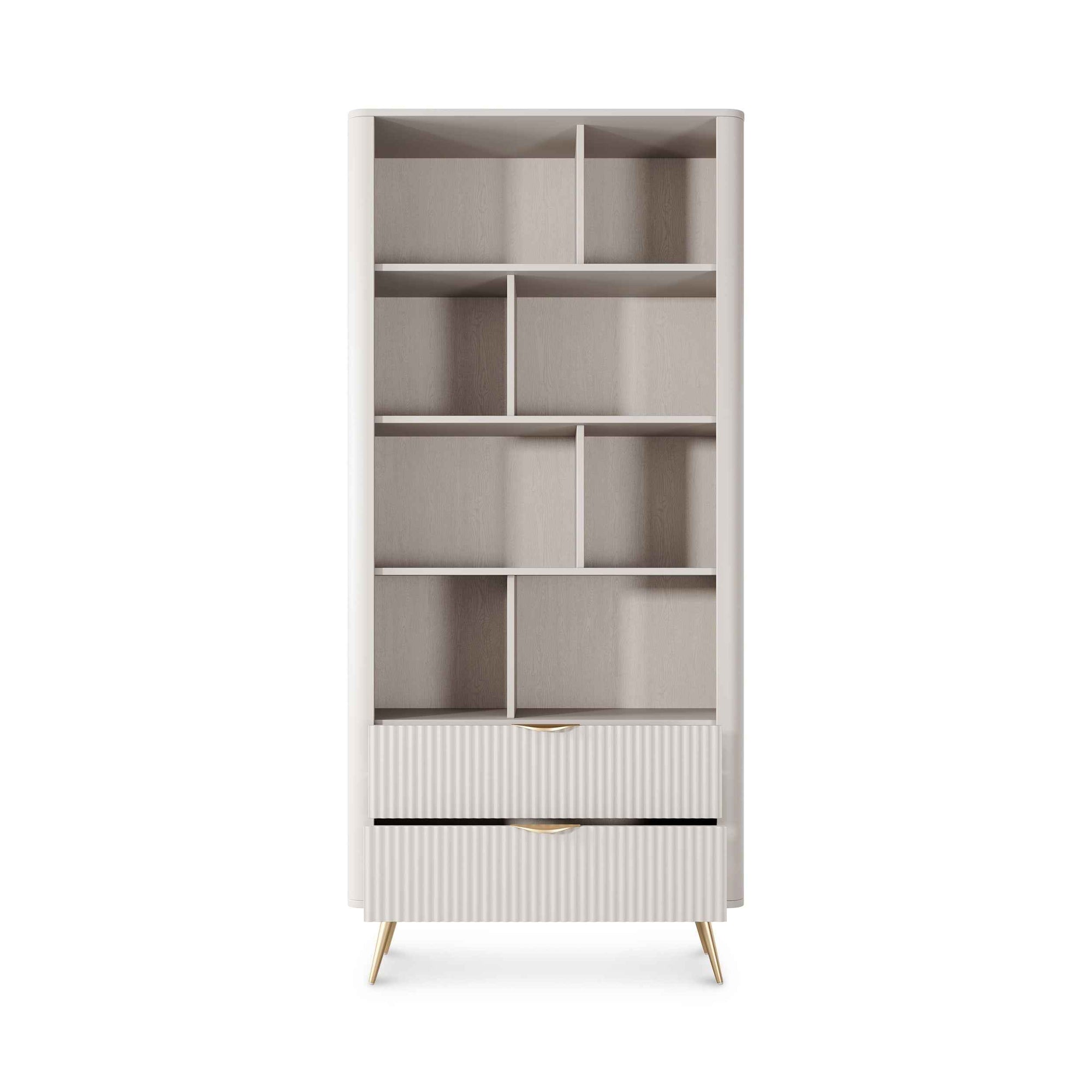 Regał 88x194 z półkami w stylu eleganckim - zaoblone krawędzie, metalowe uchwyty | Laanti