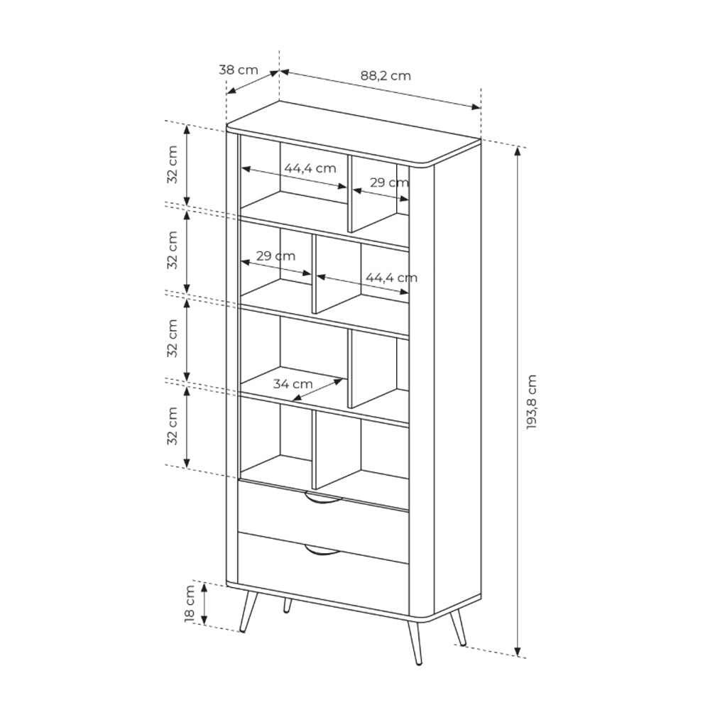 Regał 88x194 z otwartymi półkami i szufladami w stylu soft loft - dąb dunin, czarne uchwyty, ryflowany detal | Velia