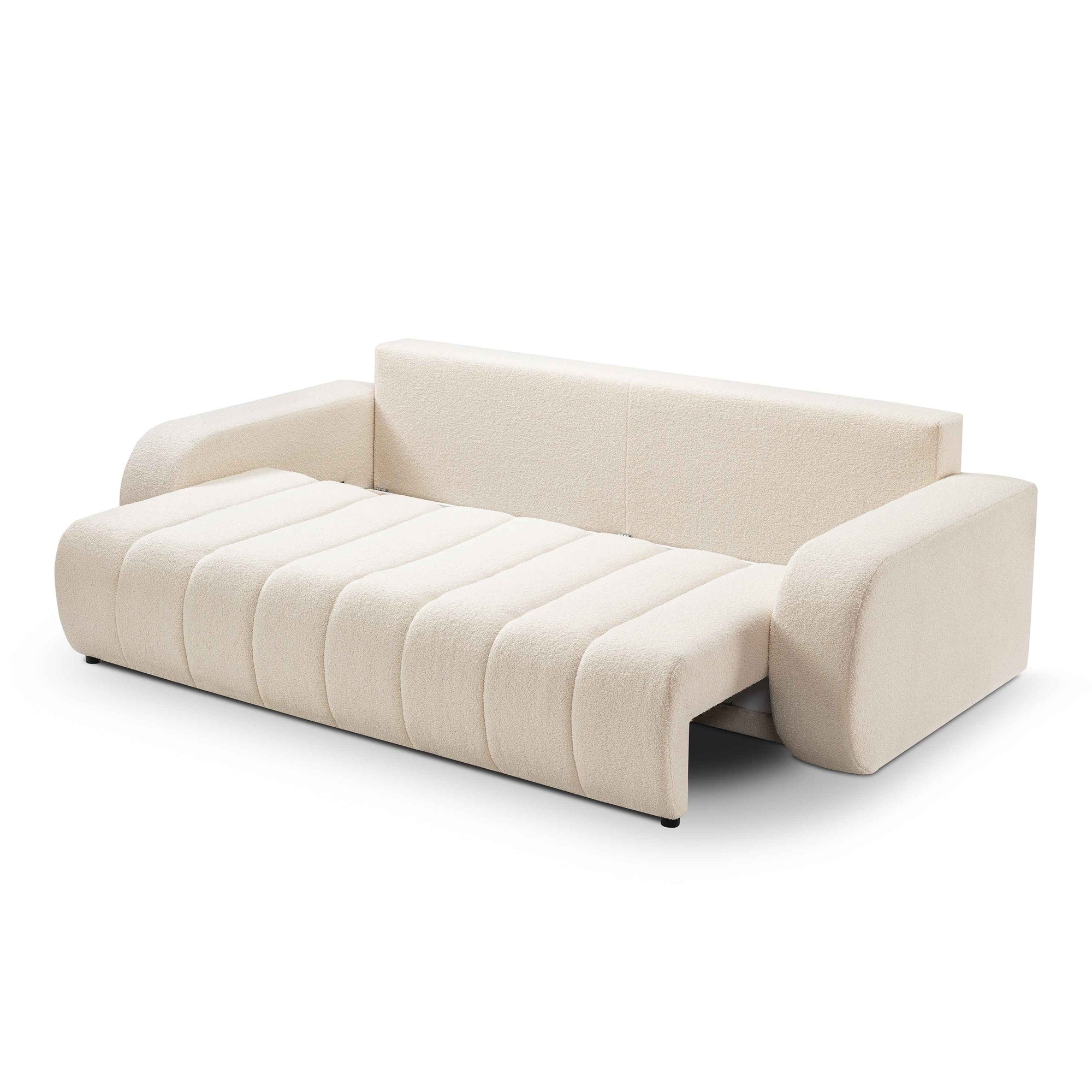 Sofa 3-osobowa z funkcją spania 144x200 w stylu skandynawskim – zaoblona forma, pojemnik, system DL | BALOA