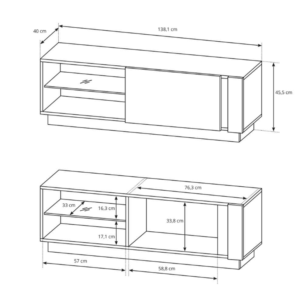 Szafka RTV 138x46 w stylu glamour - fronty wysoki połysk, system push-to-open | Armelia