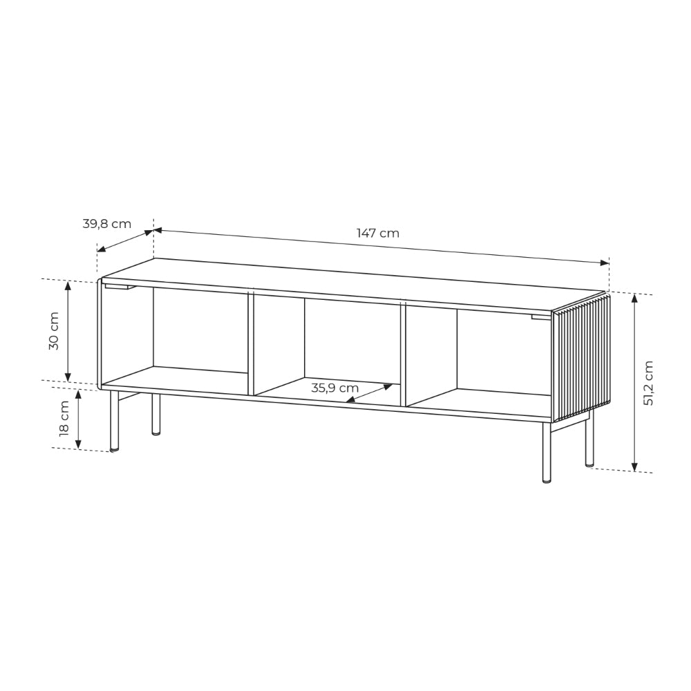 Szafka RTV 147x51 w stylu nowoczesnym - kaszmir, ryflowane fronty MDF, system push-to-open | MuzZI