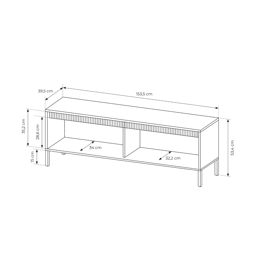 Szafka RTV 154x53 w stylu japandi - beż, ryflowane fronty MDF, metalowe nogi, push-to-open | Senra