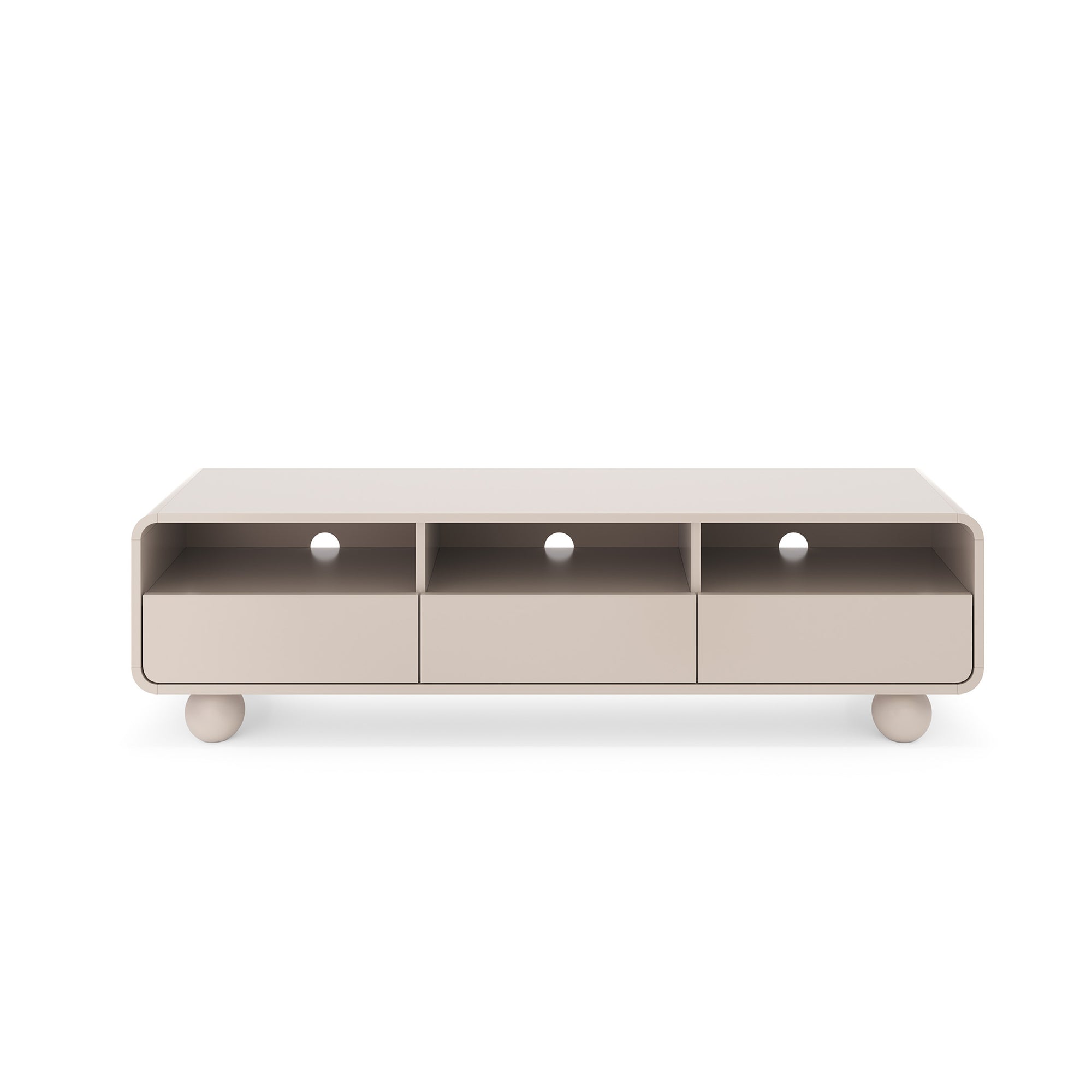 Szafka RTV 160x44 w stylu japandi – kaszmirowa, szuflady push-to-open | Ballo