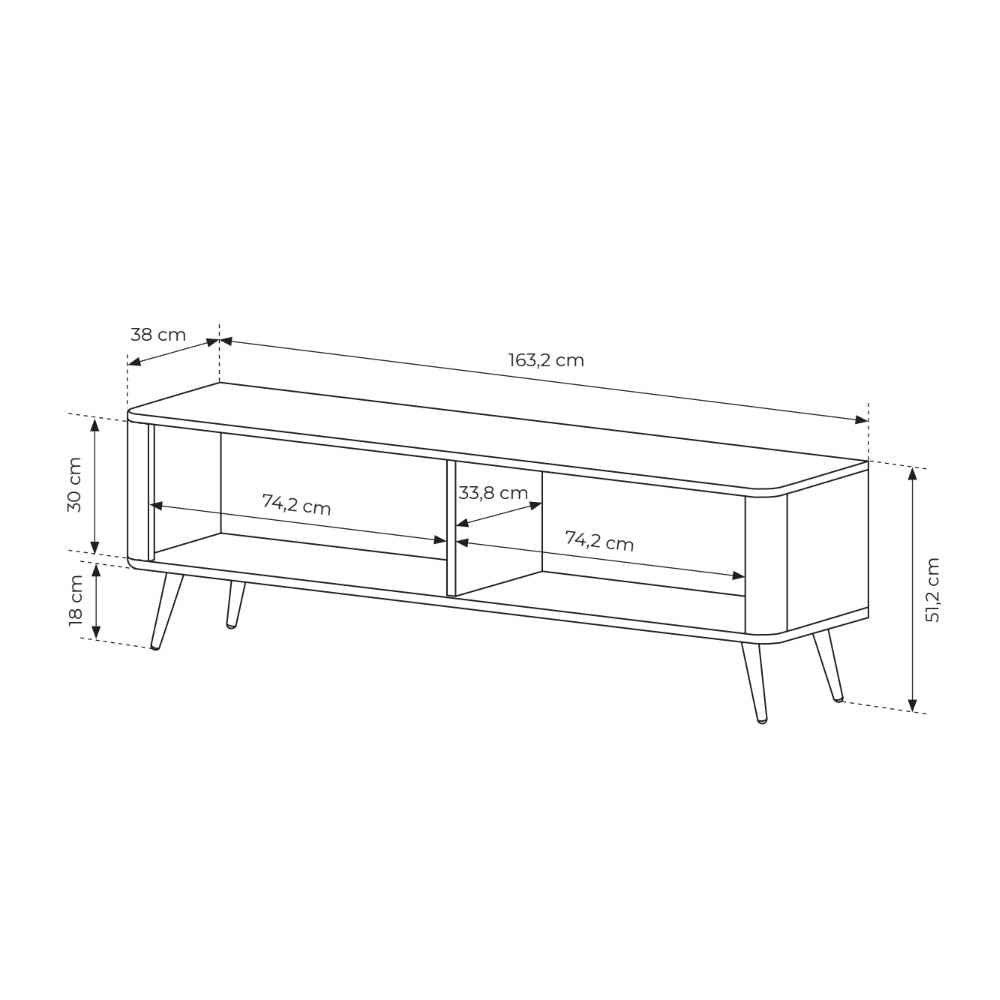 Szafka RTV 163x51 w stylu nowoczesnym - ryflowane fronty MDF, metalowe nogi, dwie szuflady | Laanti