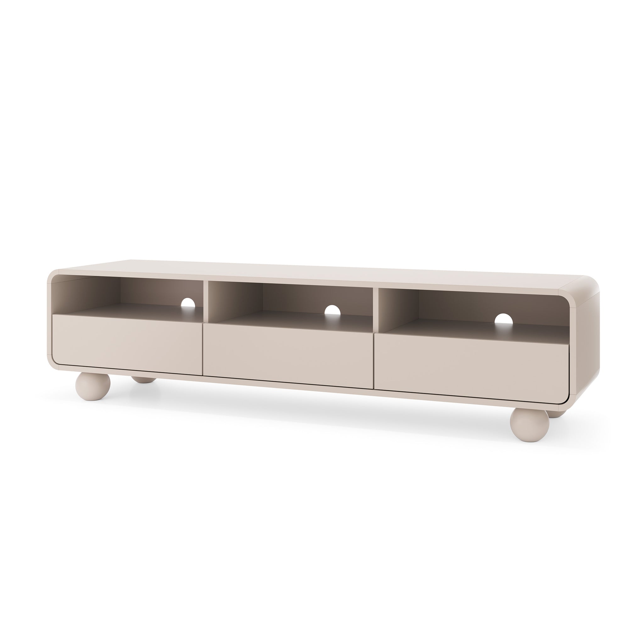 Szafka RTV 180x44 w stylu japandi – kaszmirowa, kuliste nóżki, szuflady push-to-open | Ballo