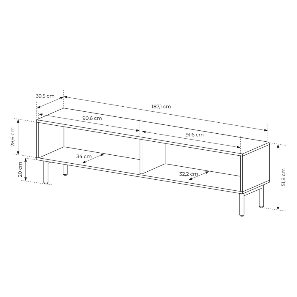 Szafka RTV 187x52 w stylu japandi - dąb cremona, ryflowane fronty MDF, push-to-open | Viola
