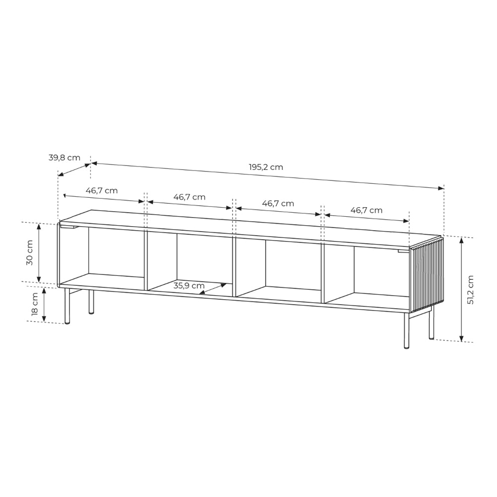 Szafka RTV 195x51 w stylu nowoczesnym - kaszmir, ryflowane fronty MDF, cztery drzwi | MuzZI