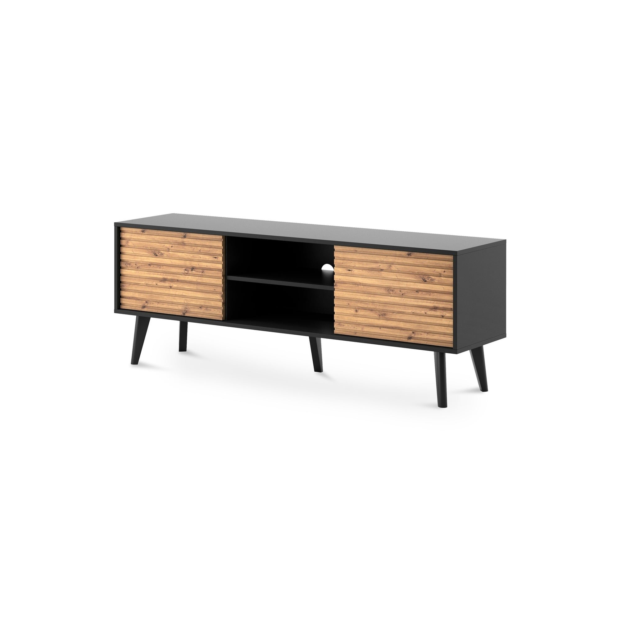 Szafka RTV 154x56 w stylu loft - ryflowane fronty, dąb artisan, czarne akcenty | Las