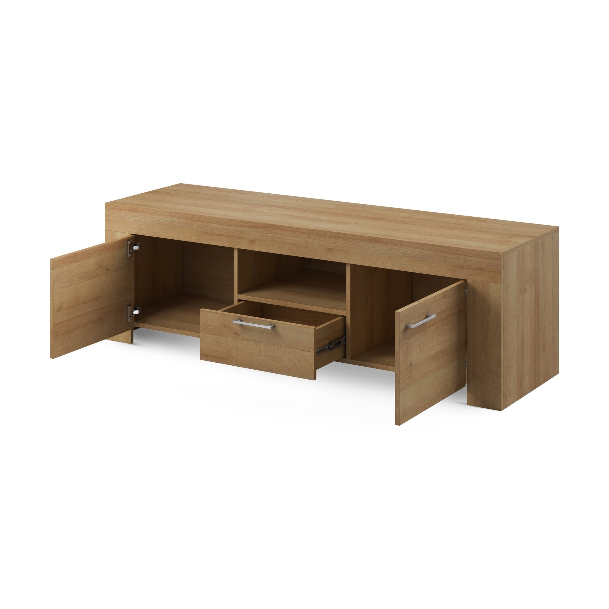Zestaw RTV z półką 155x50+155x20 w stylu nowoczesnym - dąb riviera, otwory na kable | Gorky