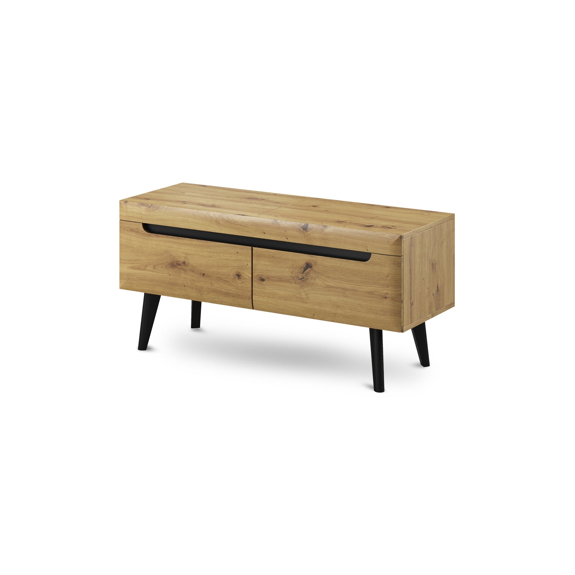 Szafka RTV pod telewizor 107x50 w stylu skandynawskim - biały połysk MDF, dąb Artisan/Riviera, dwie szuflady | Trava Dąb Artisan