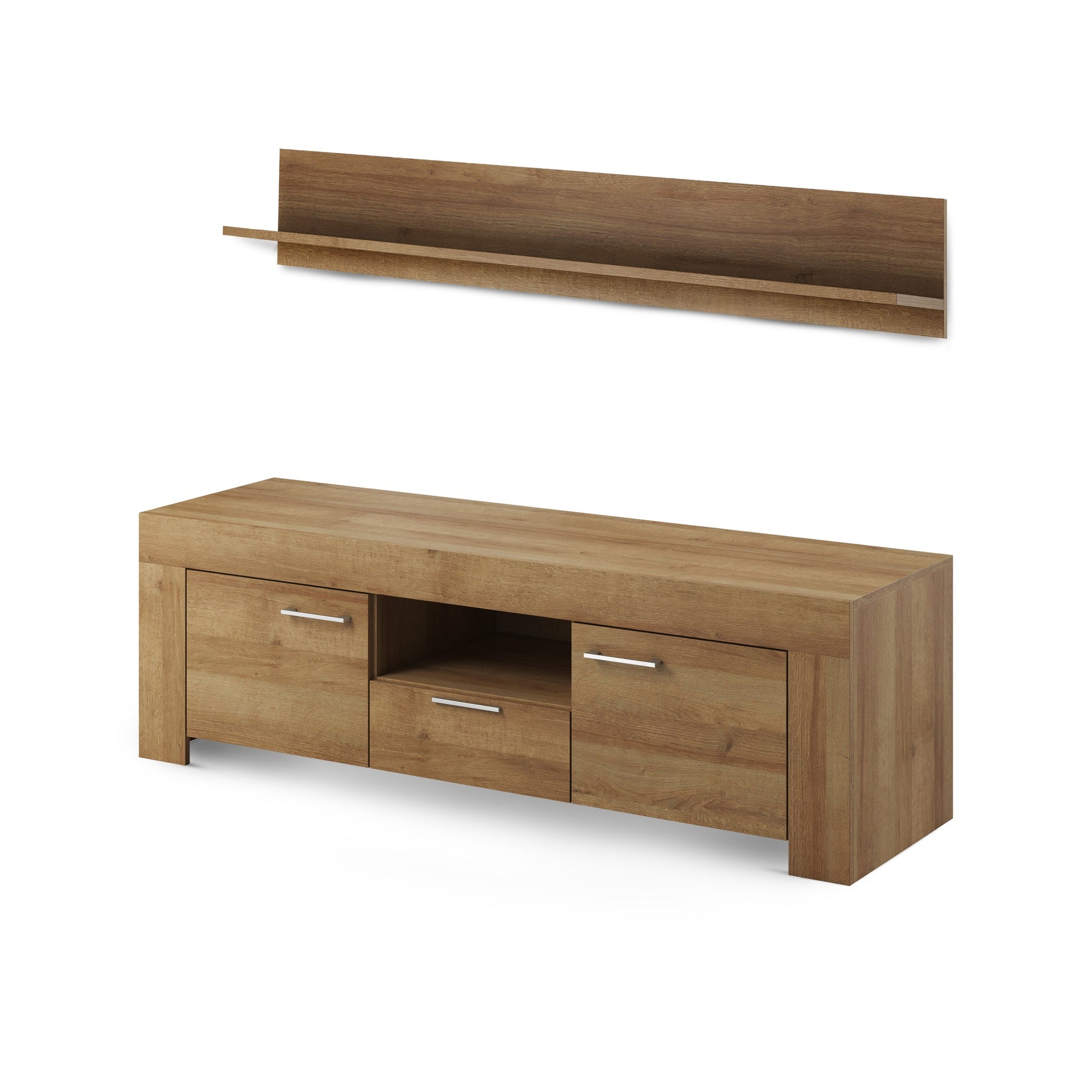 Zestaw RTV z półką 155x50+155x20 w stylu nowoczesnym - dąb riviera, otwory na kable | Gorky