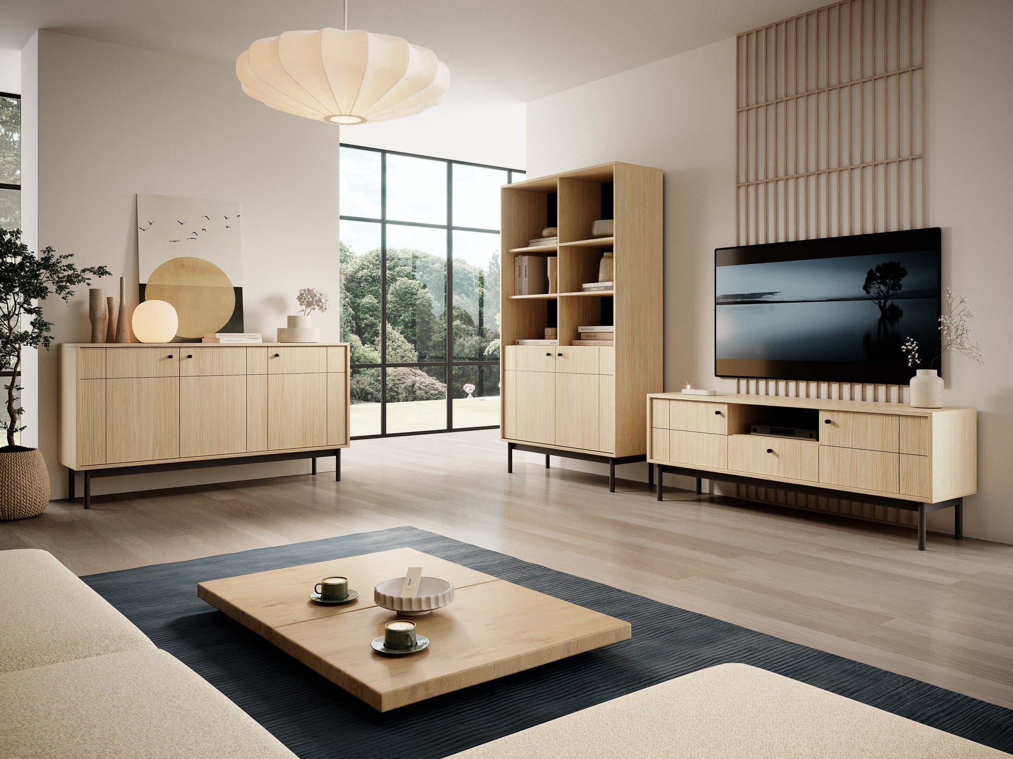 Witryna 104x185 cm w stylu japandi – cichy domyk Häfele, dąb Linea, cashmere | Sabi
