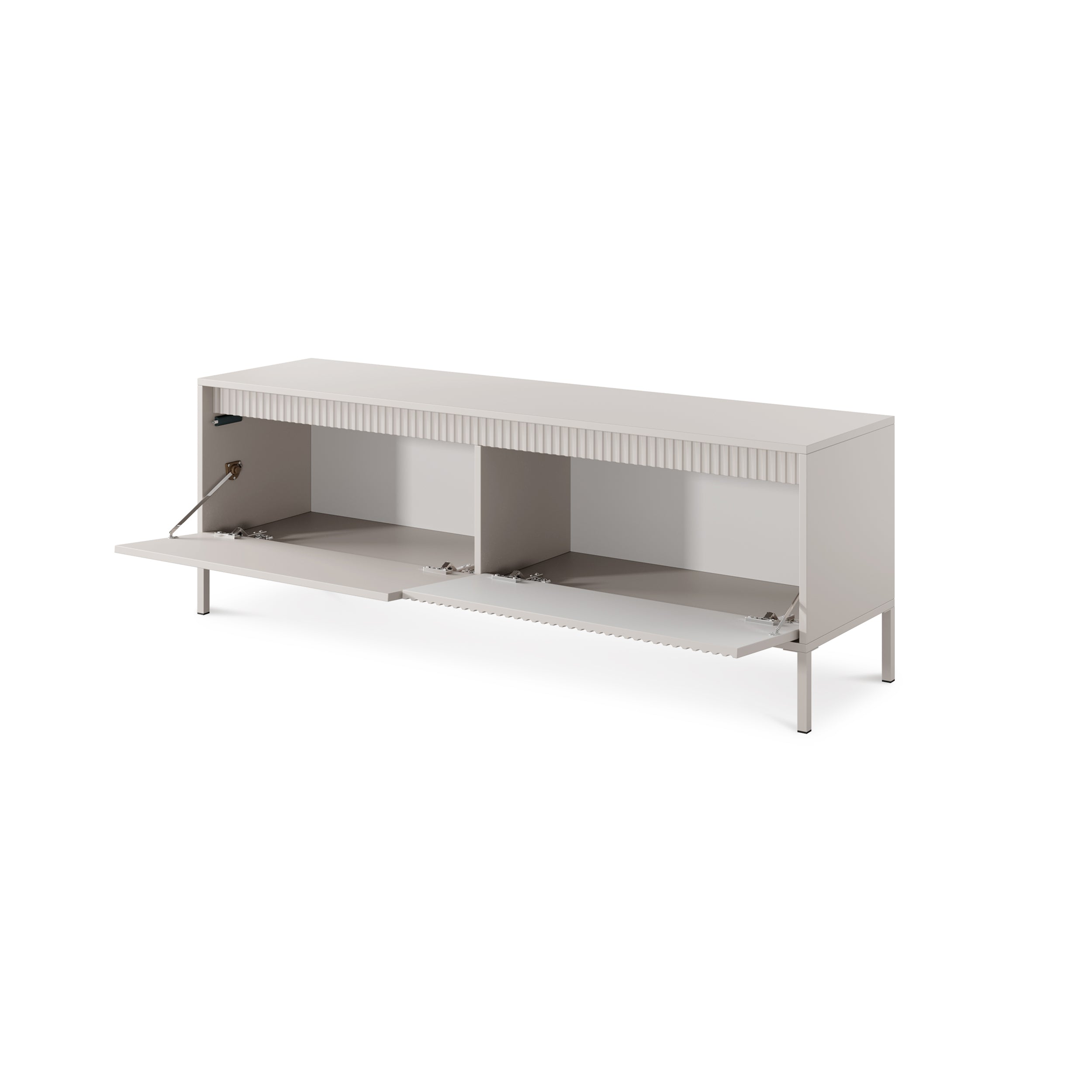 Szafka RTV 154x53 w stylu japandi - beż, ryflowane fronty MDF, metalowe nogi, push-to-open | Senra
