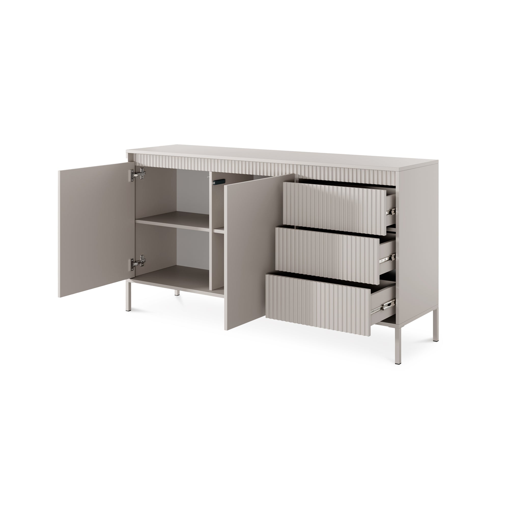 Komoda z drzwiami i szufladami 154x81 w stylu japandi - beż, push-to-open, 3 szuflady | Senra