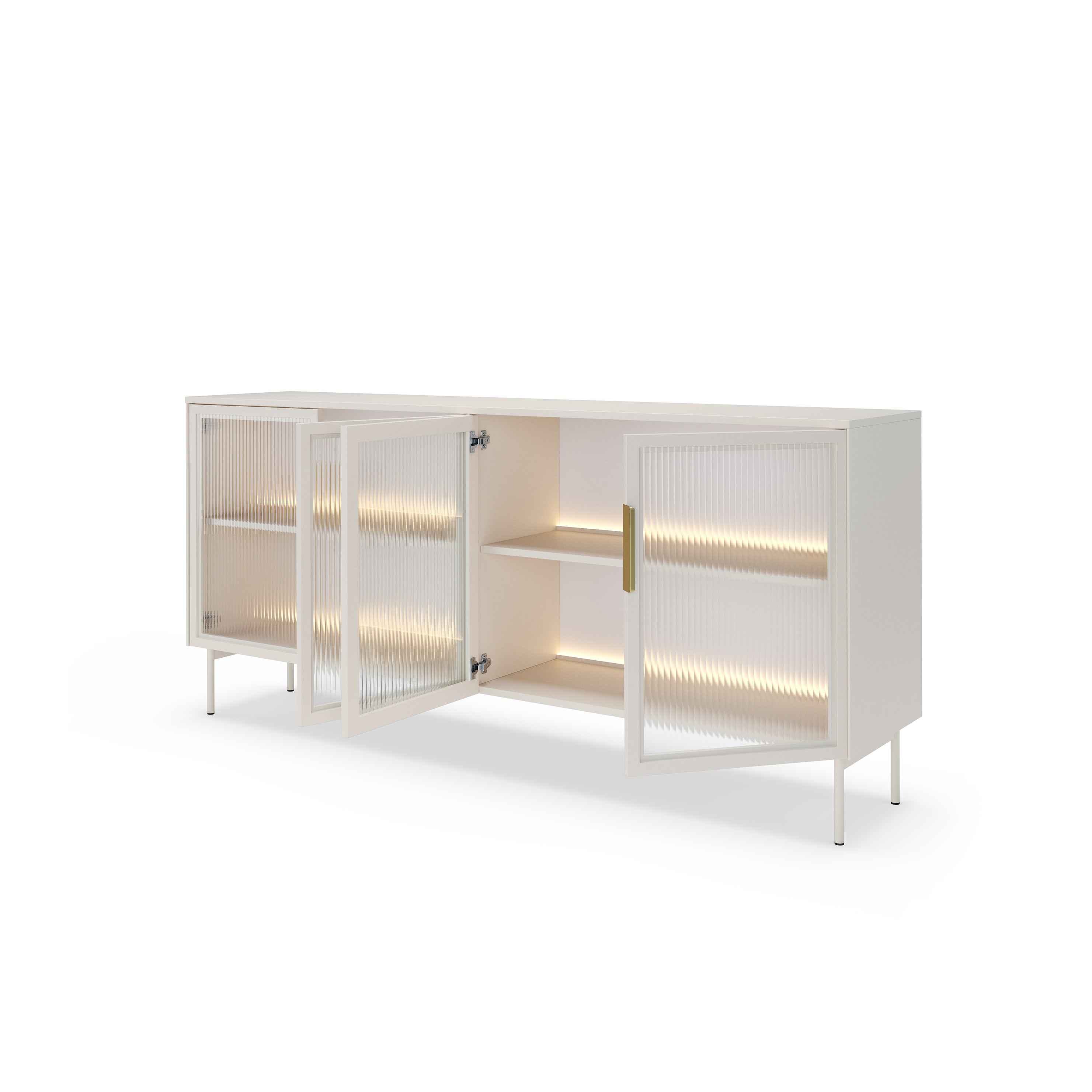 Komoda 181x83 z drzwiami w stylu eleganckim - przeszklone fronty flutes, metalowe nogi, LED | Lummer