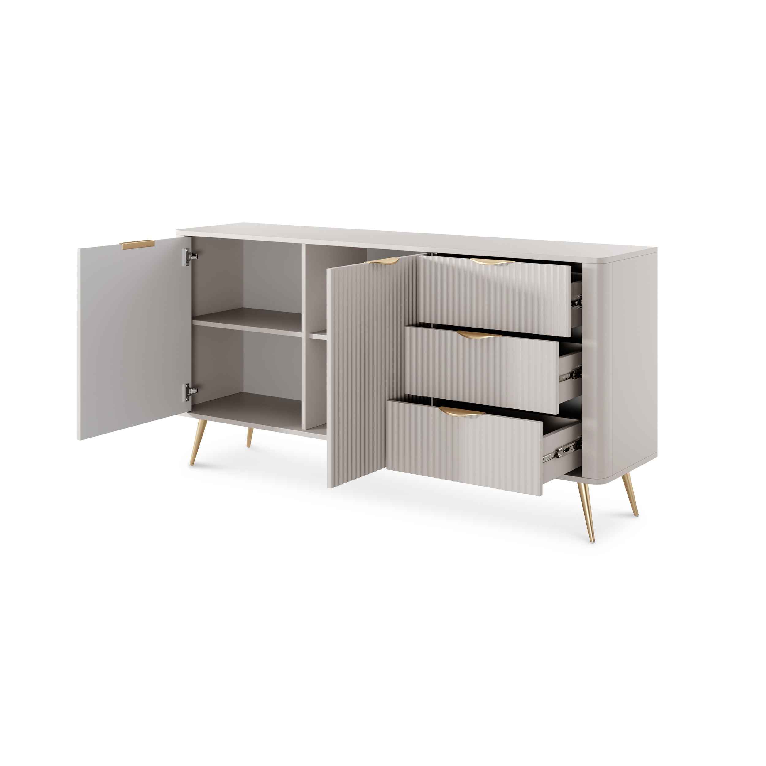 Komoda 163x81 z szufladami i drzwiami w stylu eleganckim - zaoblone krawędzie, pełen wysuw, metalowe nogi | Laanti