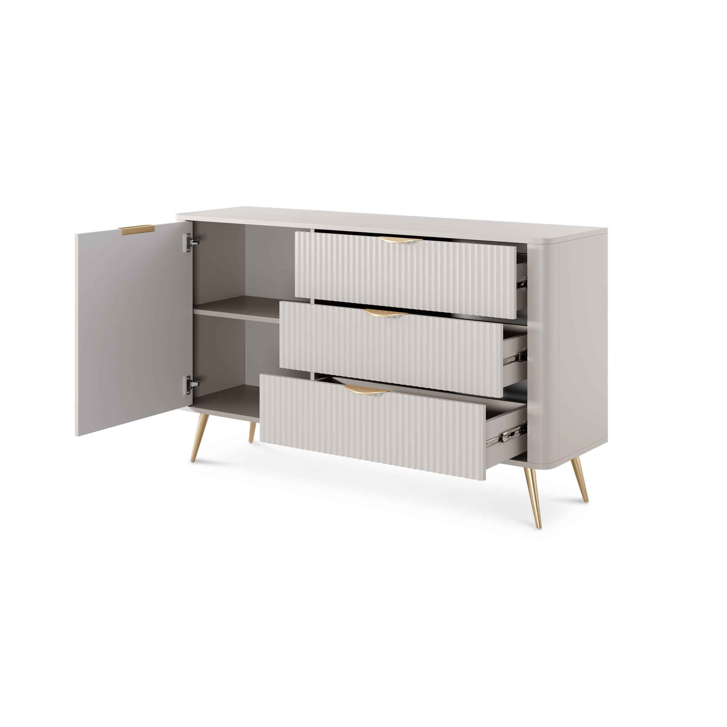 Komoda 138x81 z szufladami i drzwiami w stylu eleganckim - ryflowane fronty, metalowe nogi, 3 szuflady | Laanti