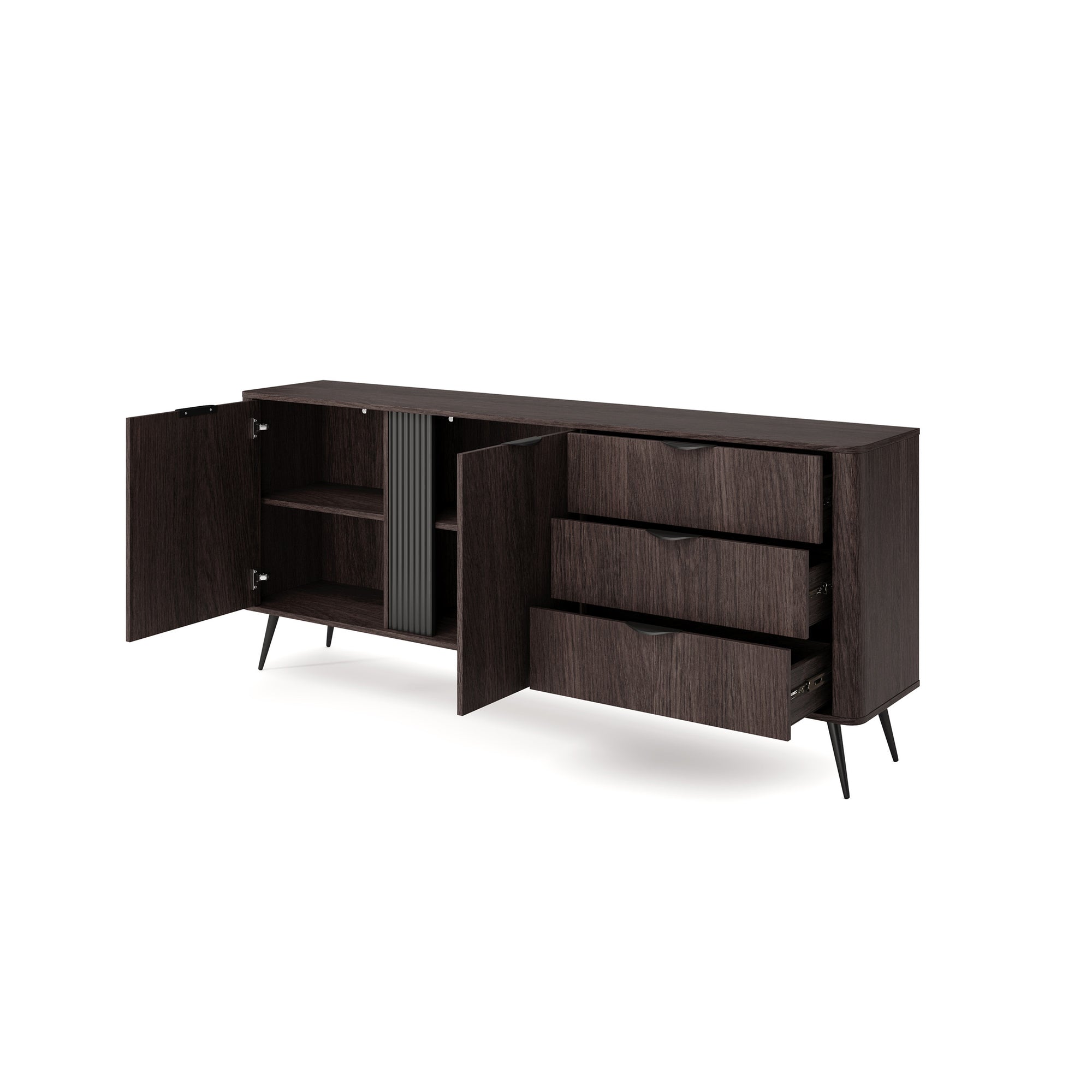 Komoda szeroka 195x81 z szafkami i szufladami w stylu soft loft - dąb dunin, ryflowany detal, czarne uchwyty | Velia