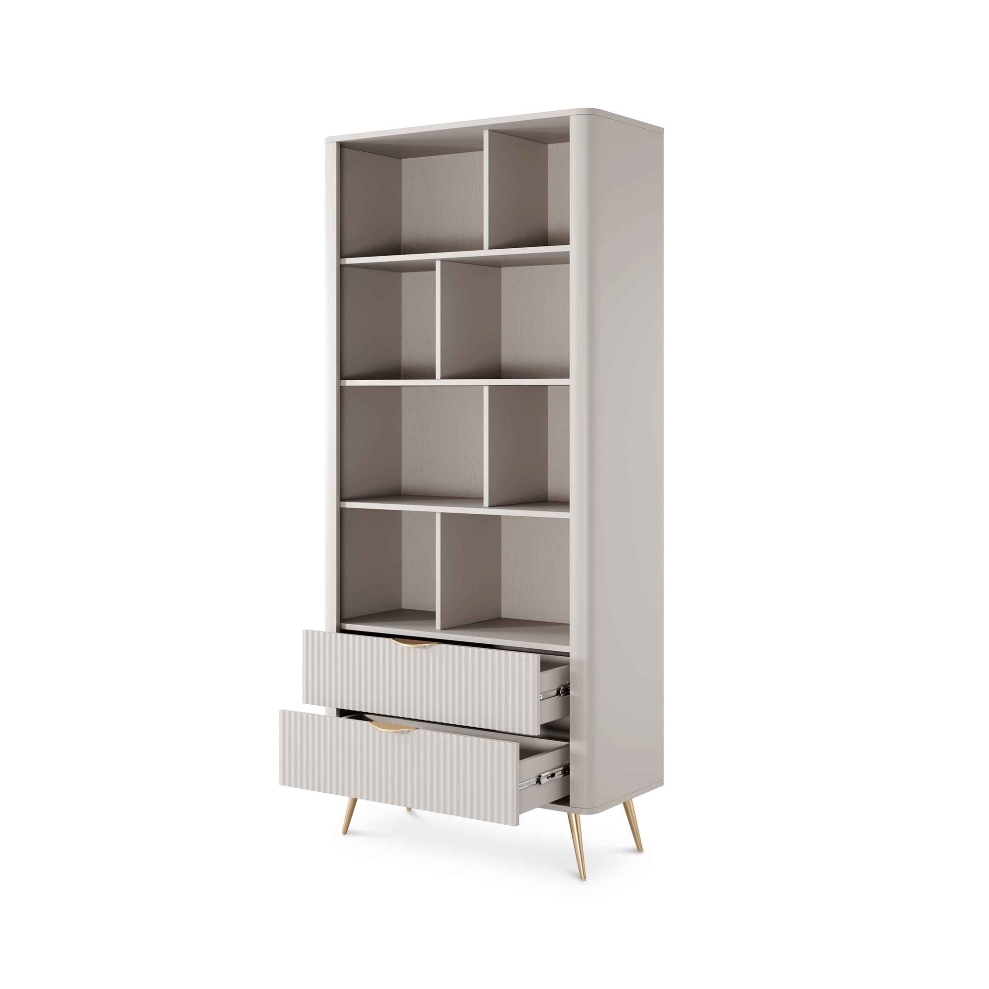 Regał 88x194 z półkami w stylu eleganckim - zaoblone krawędzie, metalowe uchwyty | Laanti