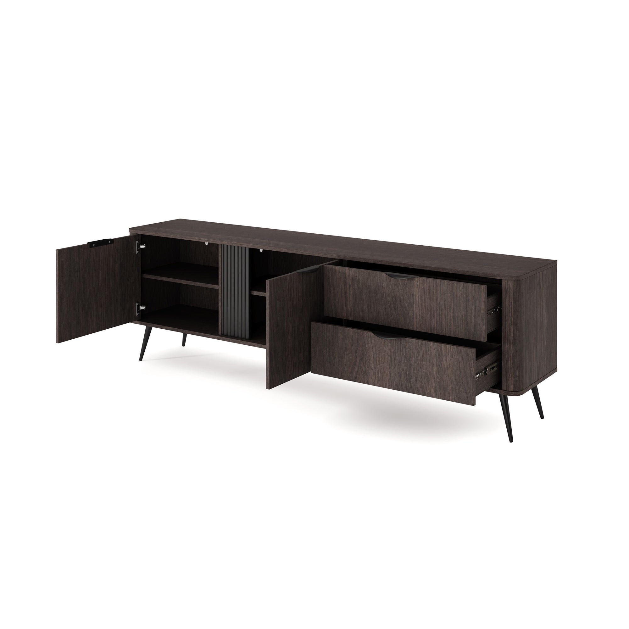 Szafka RTV 195x61 w stylu japandi - dąb dunin, ryflowany front, drewniane nogi | Velia
