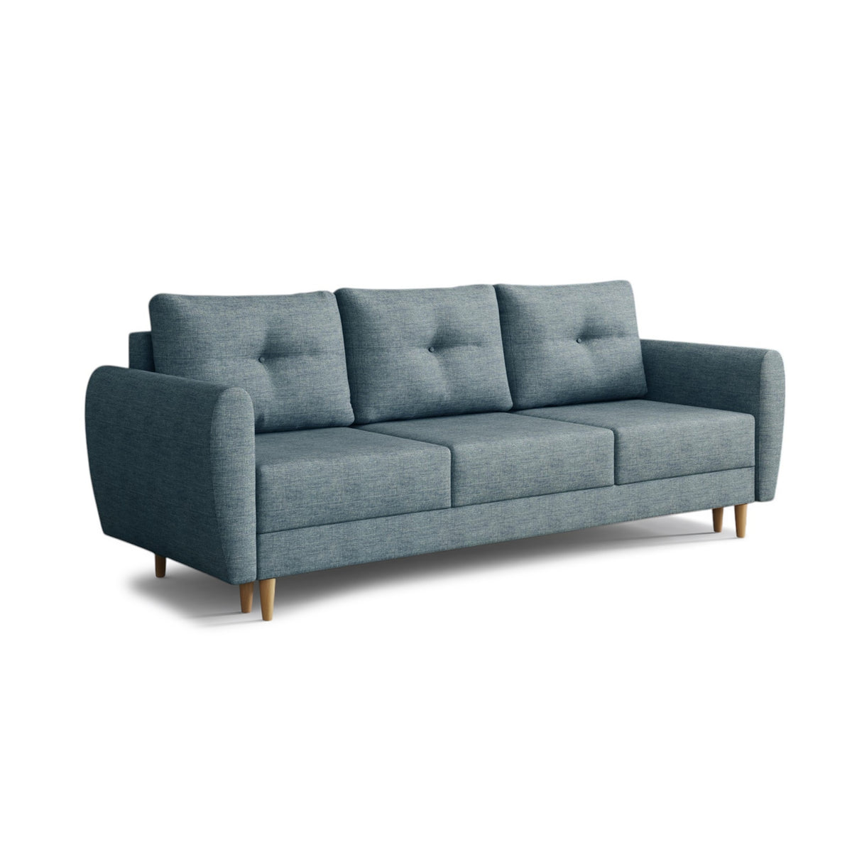 Sofa Harmi 235 cm Granatowa Skała (SAWANA 33) – trzyosobowa sofa z pojemnikiem na pościel na bukowych nóżkach