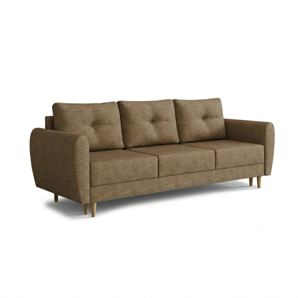 Sofa Harmi 235 cm Kawowy Łupek (SAWANA 03) – trzyosobowa sofa z pojemnikiem na pościel na bukowych nóżkach