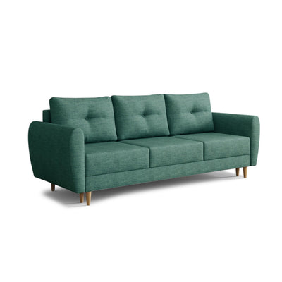 Sofa Harmi 235 cm Petrolowy Lazur (SAWANA 30) – trzyosobowa sofa z pojemnikiem na pościel na bukowych nóżkach