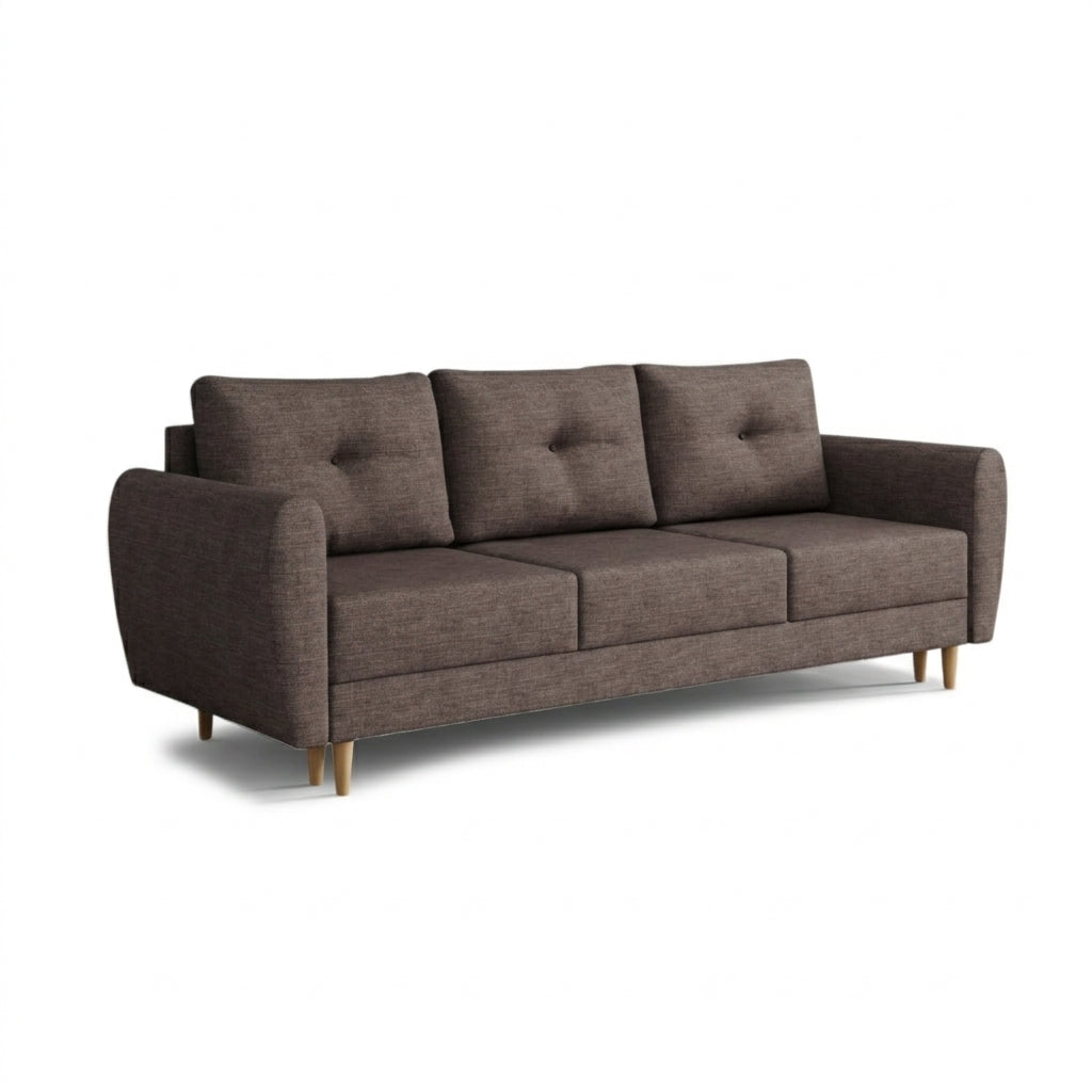 Sofa Harmi 235 cm Piaskowy Taupe (SAWANA 12) – trzyosobowa sofa z pojemnikiem na pościel na bukowych nóżkach
