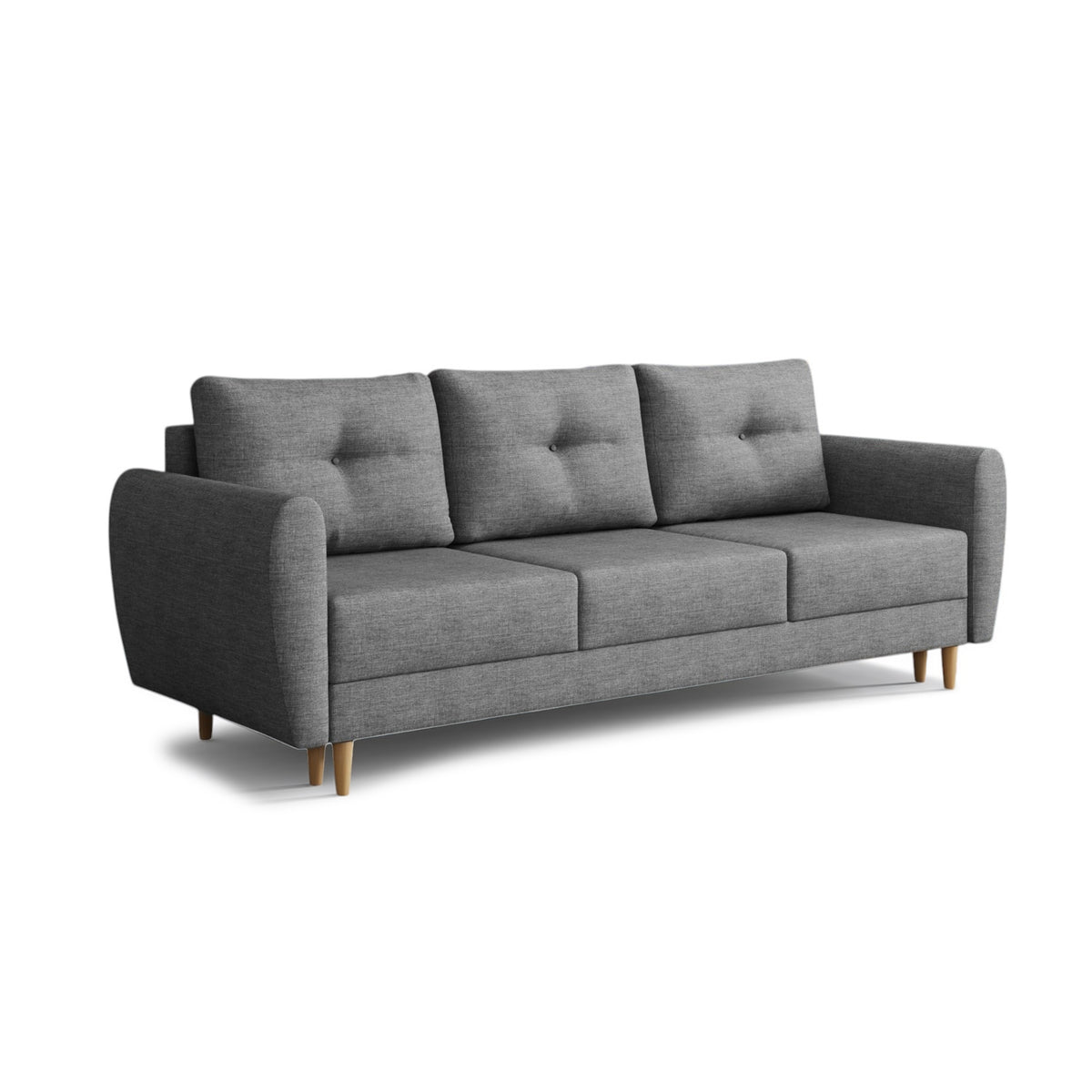 Sofa Harmi 235 cm Srebrna Mgła (SAWANA 05) – sofa z funkcją spania i trzema pikowanymi poduszkami, widok z ukosa