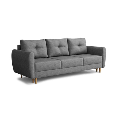 Sofa Harmi 235 cm Srebrna Mgła (SAWANA 05) – sofa z funkcją spania i trzema pikowanymi poduszkami, widok z ukosa
