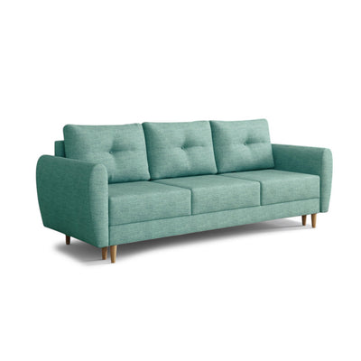 Sofa Harmi 235 cm Srebrzysty Beton (SAWANA 29) – trzyosobowa sofa z pojemnikiem na pościel na bukowych nóżkach