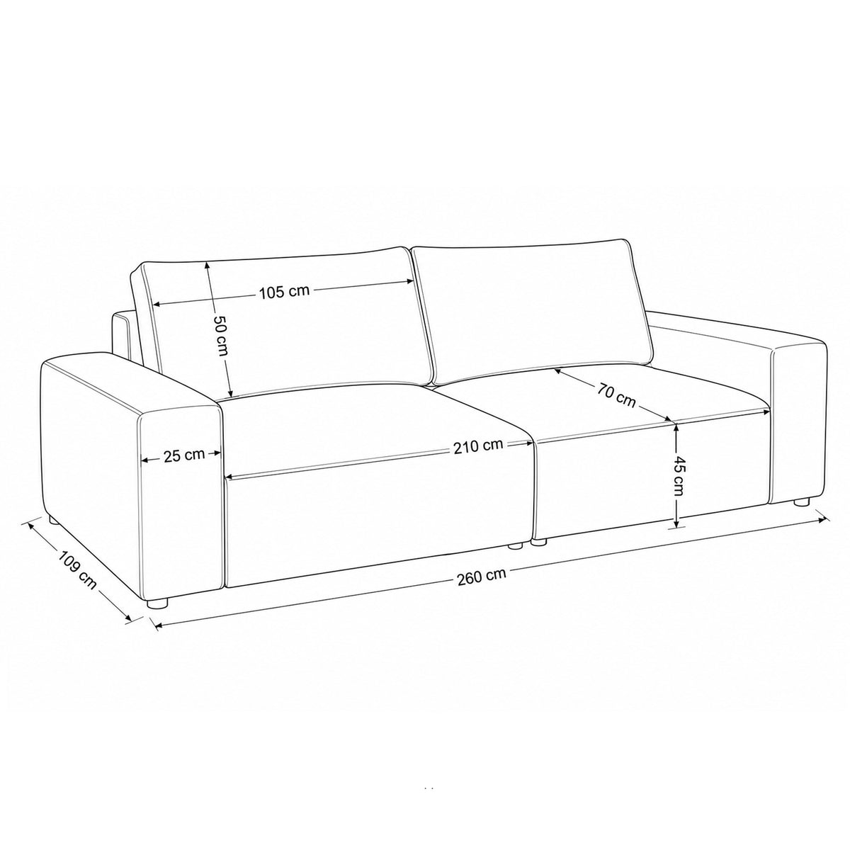 Sofa modułowa Iskeli 260 cm – rysunek wymiarowy z szerokością, głębokością, siedziskiem i poduszkami oparciowymi