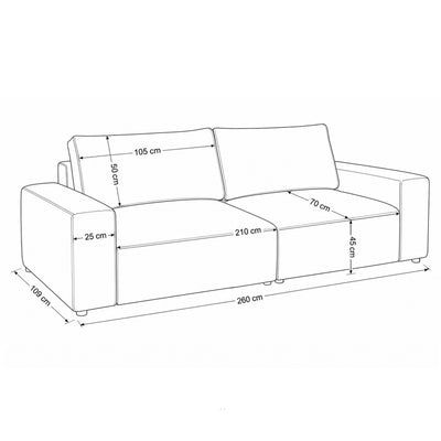 Sofa modułowa Iskeli 260 cm – rysunek wymiarowy z szerokością, głębokością, siedziskiem i poduszkami oparciowymi