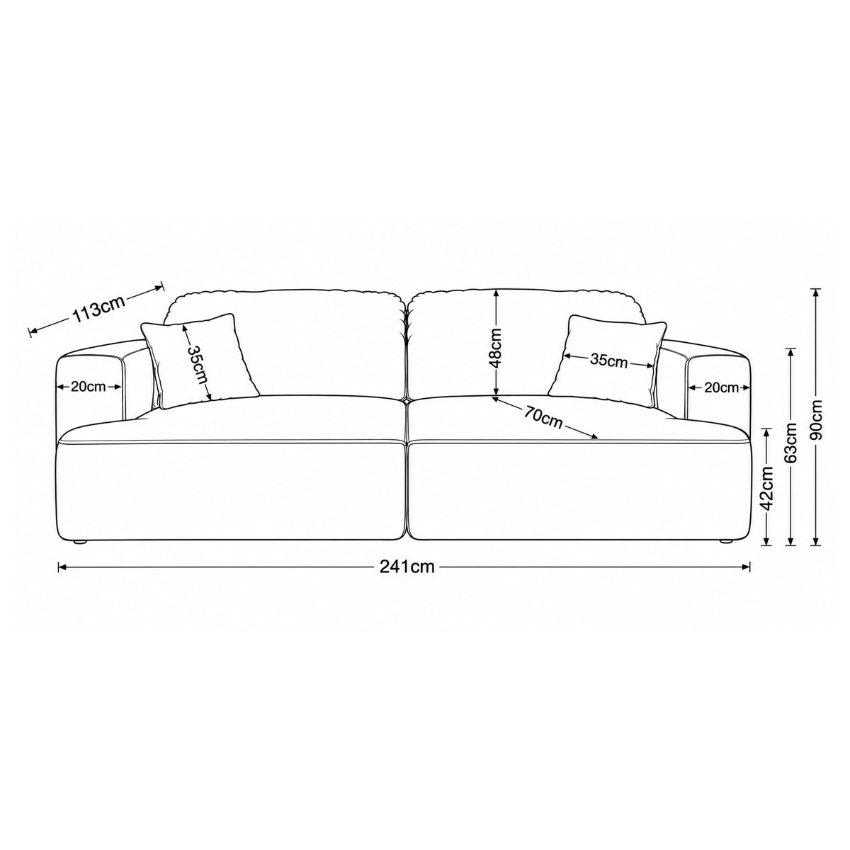 Sofa Senvali 241 cm – rysunek wymiarowy z szerokością, wysokością, głębokością oraz wymiarami siedziska i podłokietników