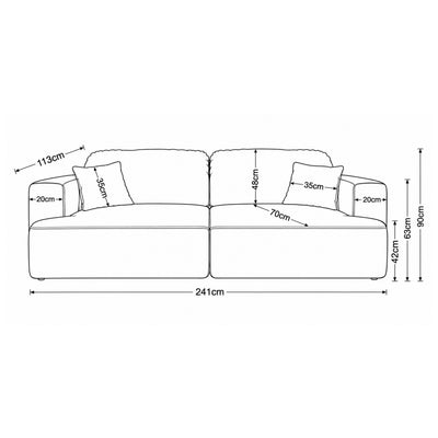 Sofa Senvali 241 cm – rysunek wymiarowy z szerokością, wysokością, głębokością oraz wymiarami siedziska i podłokietników