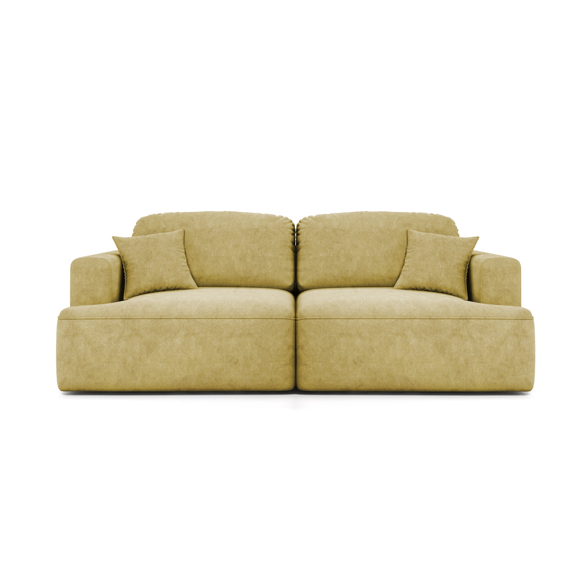 Sofa Senvali 241 cm Złota Sepia (CLOUD 32) – welurowa sofa z funkcją spania i poduszkami dekoracyjnymi, widok z przodu