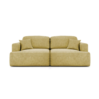 Sofa Senvali 241 cm Złota Sepia (CLOUD 32) – welurowa sofa z funkcją spania i poduszkami dekoracyjnymi, widok z przodu