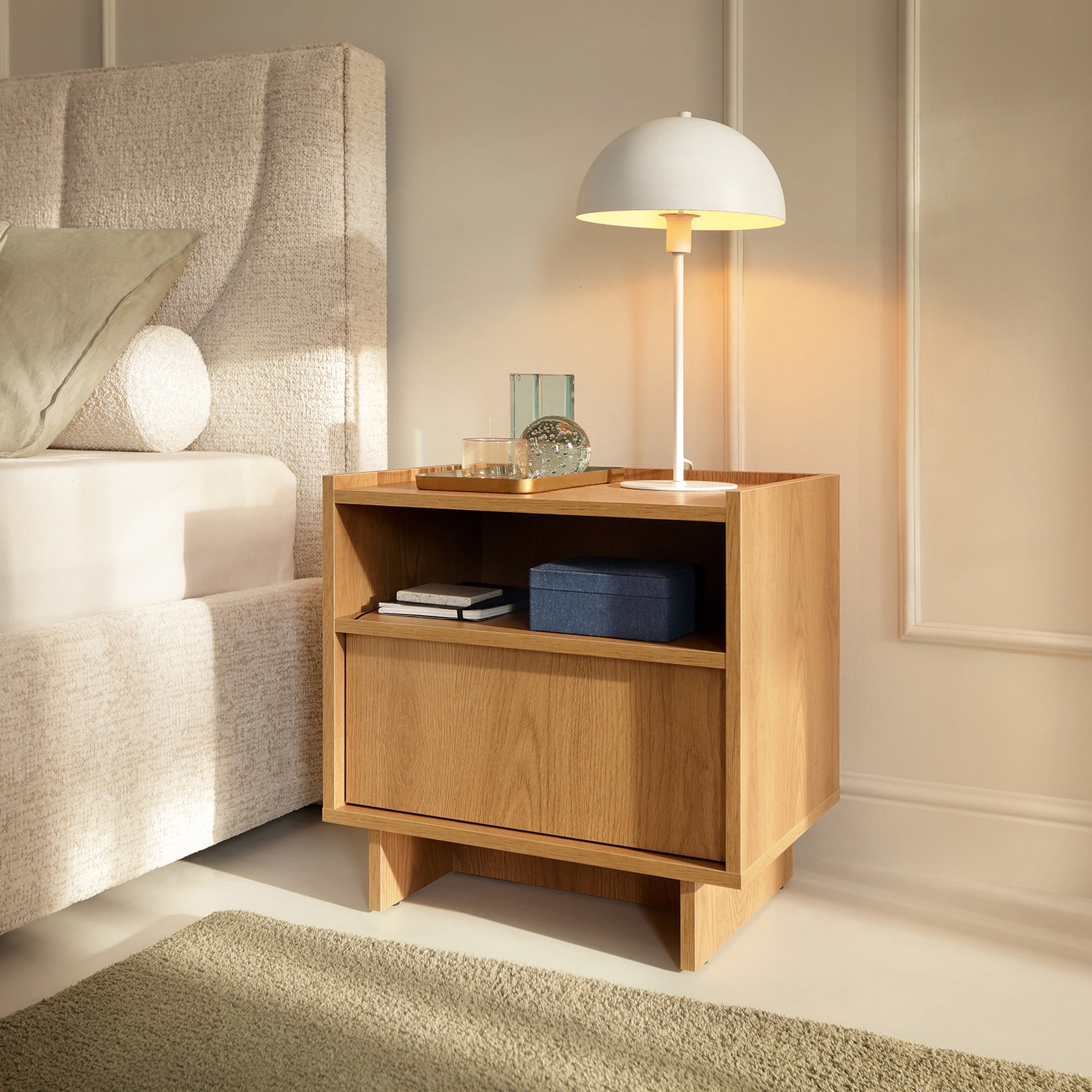 Szafka nocna z szufladą 50x51 w stylu japandi - dąb karmel, push-to-open | Kiyro